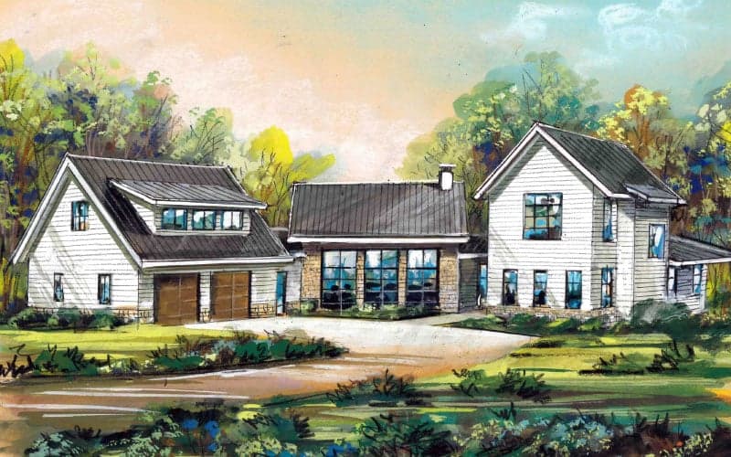 Painting of a big house with a pathway and lawn with trees and sky in background