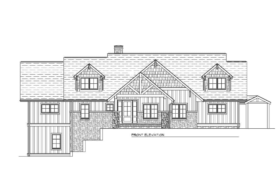 Associated Builders coming Soon. Blueprint black and white outline of front elevation of the house.Luxurious mountain home with craftsman style siding and shingles.