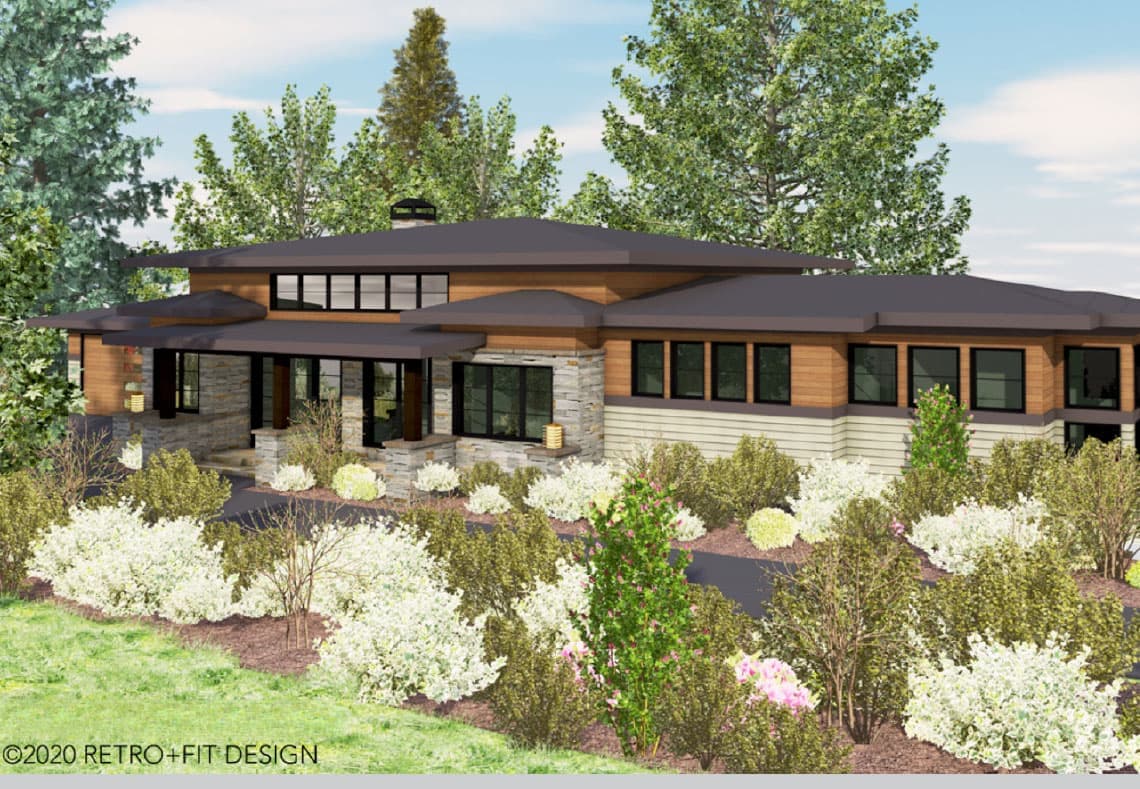 Modern style home from Retro+Fit Design and Living Stone Design. Glass doors and floor to ceiling windows. Exterior of home clad in modified wood, stone, stucco and cement board.