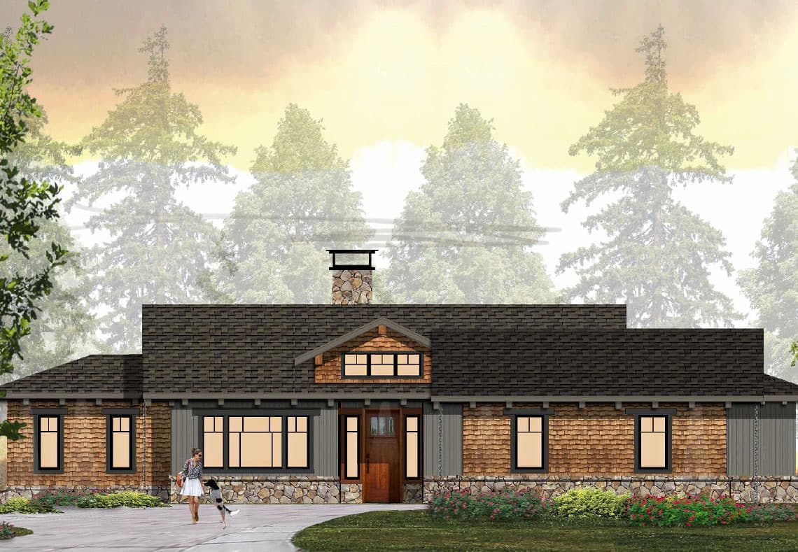 Natural home with stone fireplace. Exterior of the Coming soon from LivingStone Design + Build. Showing a single level home with cedar shingle siding, Art Deco style windows, and stone work. A woman and her dog are standing outside it.