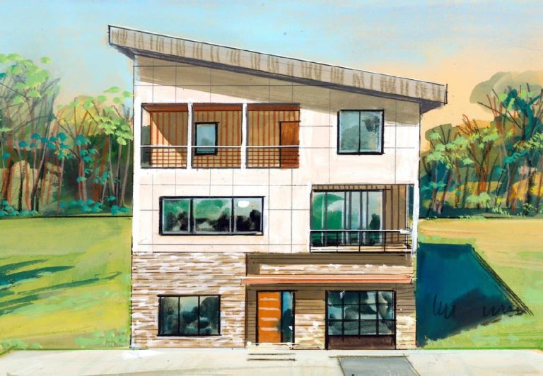 Artistic rendering of a modern home. Coming Soon from McCoury Builders. Contemporary sleek design. 3 floors with balconies on the second and third. Garage on the bottom level.