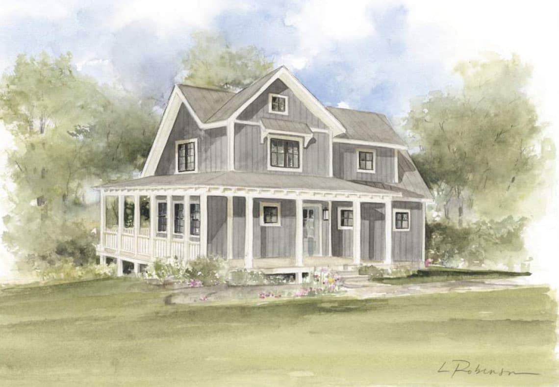 Artistic rendering of McCourry Builders home. In Olivette. Home looks like it's fashioned to be a farmhouse style, 2 story with a wrap around front porch.