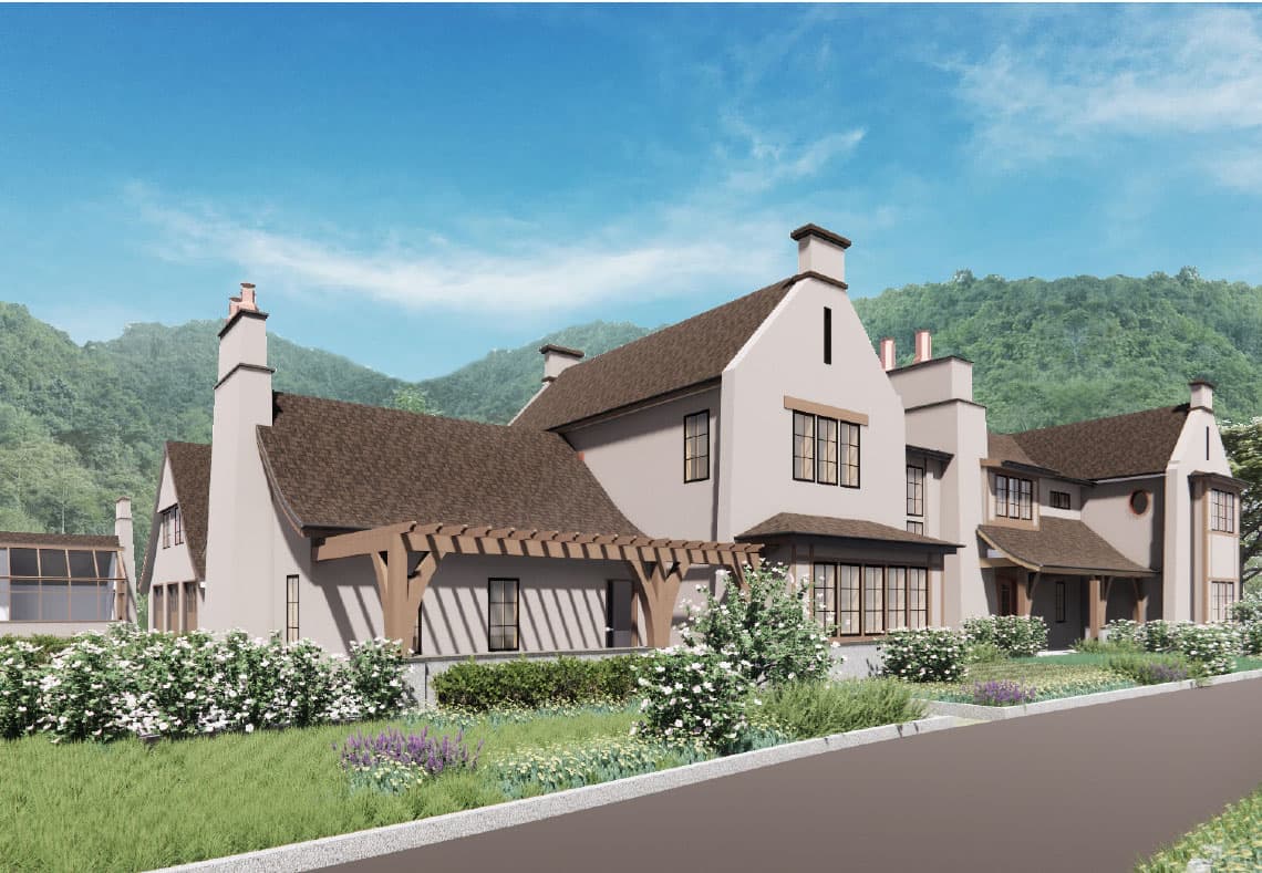 Rendering of Coming soon home by WSM craft. Tan home in the mountains with at least 2 stories. Brown shingles and 3 car garage. Interesting structured buildings with some circle windows would fit in the 1920s.