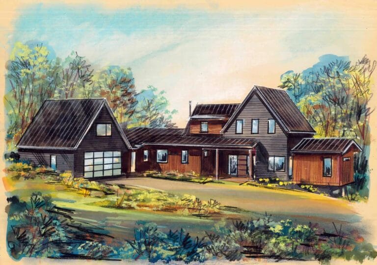 Arcadian Adobe painting: large dark and light brown house.