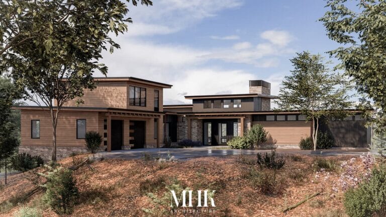 Waterfall Ridge: Modern, large brown home with MHK Architecture on the bottom center of the photo.