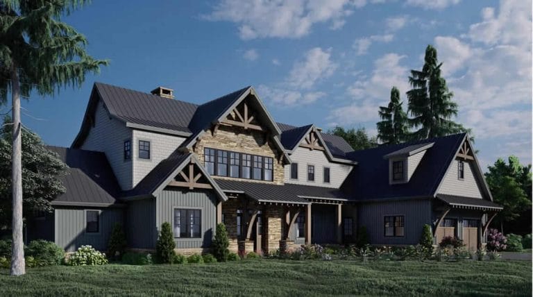 Large, modern gray wood and stone home exterior - Lake Toxaway Mountain View.