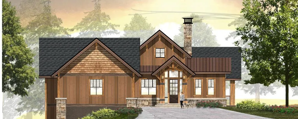 Rustic mountain-style home with wood siding, stone accents, and gabled roof.