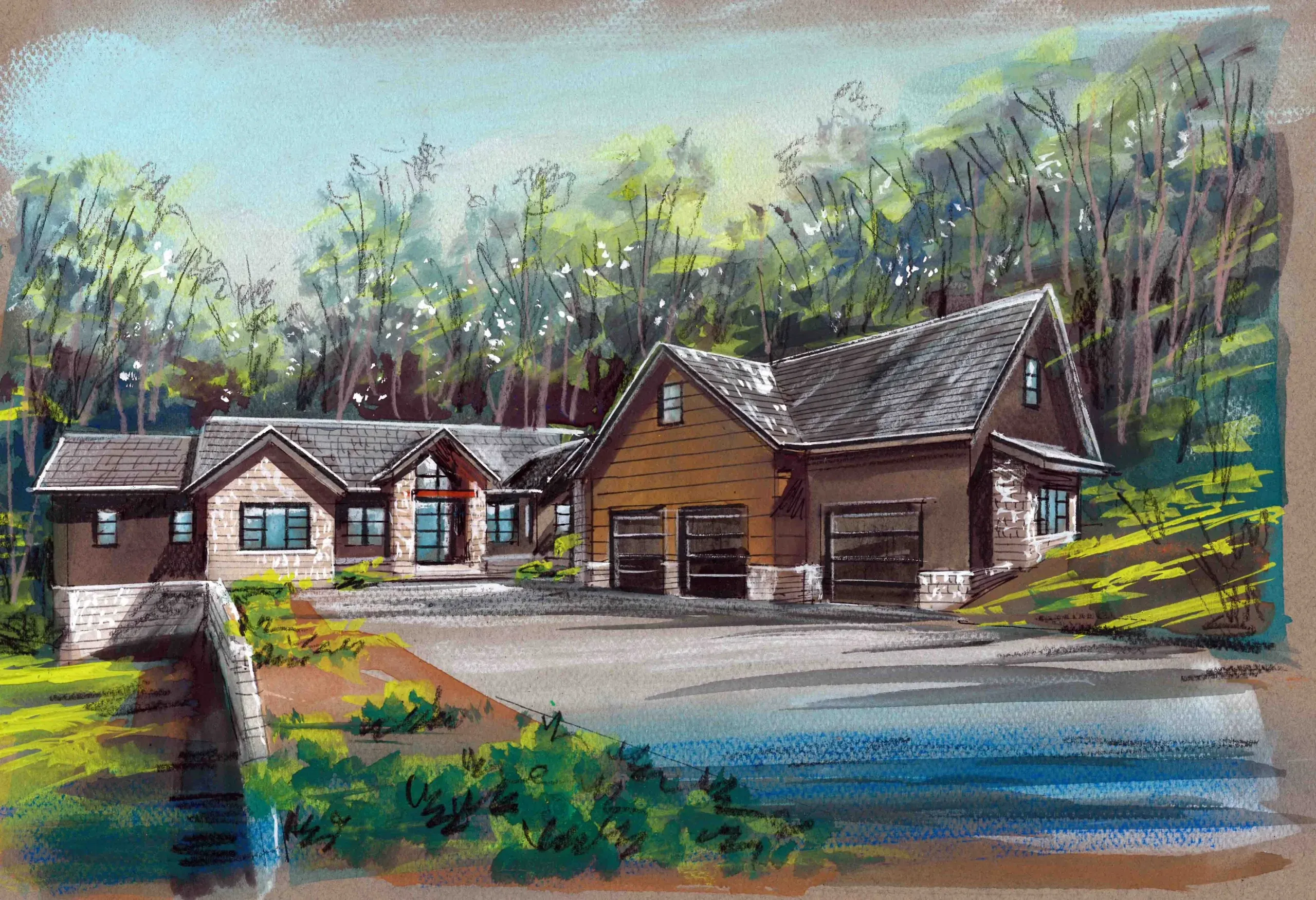 Architectural rendering of a craftsman-style mountain home with stone and wood exterior.