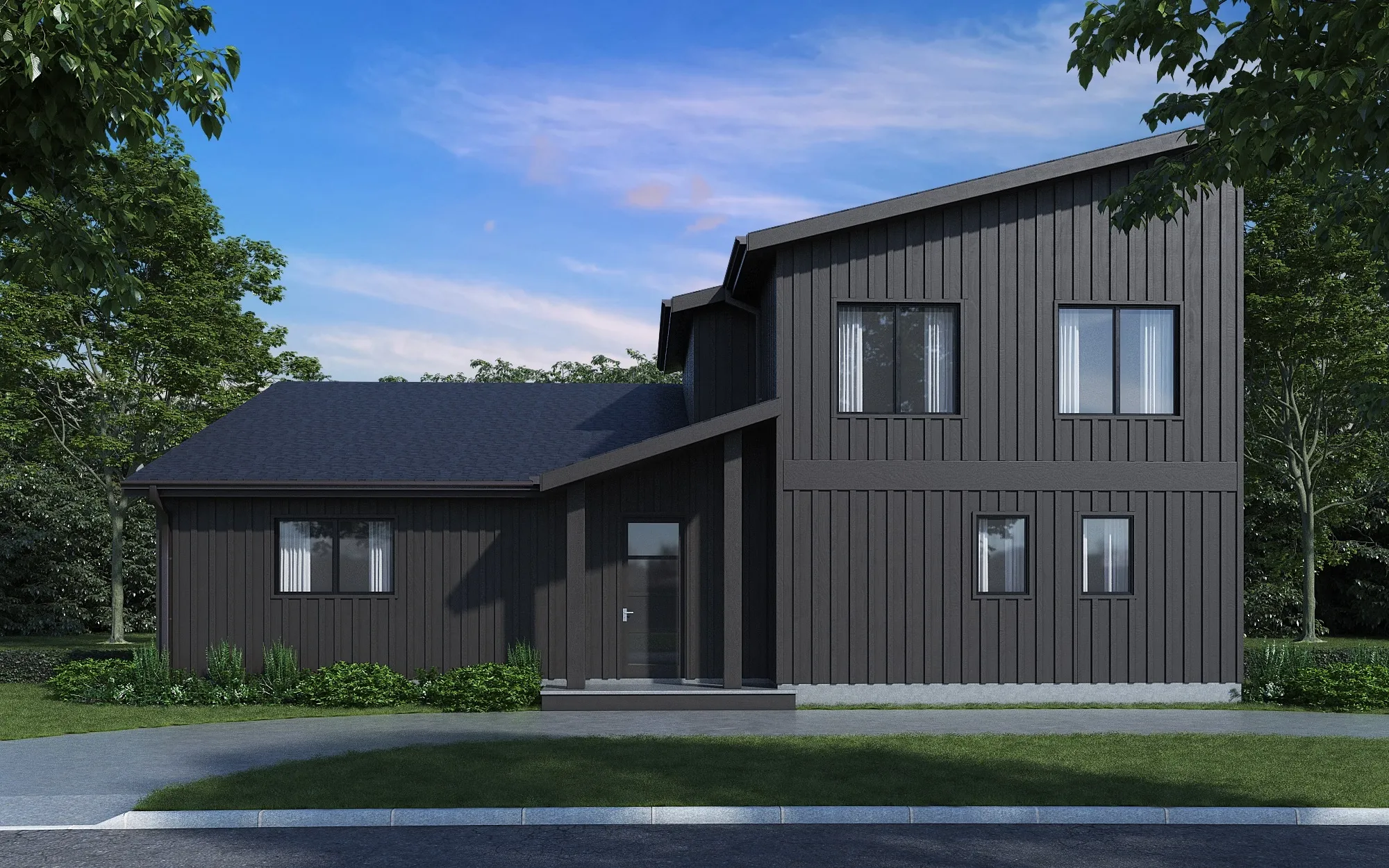 Modern black farmhouse with vertical siding and asymmetrical roofline surrounded by trees.