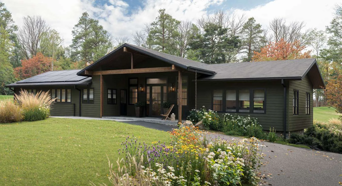 Green modern ranch-style home with solar panels and colorful garden landscaping.