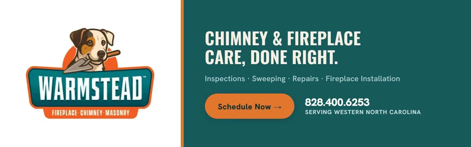 Warmstead advertisement for fireplace, chimney, and masonry services.
