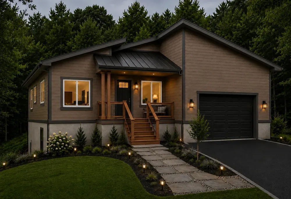 Craftsman-style home with tan lap siding, a covered front porch and a dark garage door, lit at dusk with a stone path through landscaped beds.
