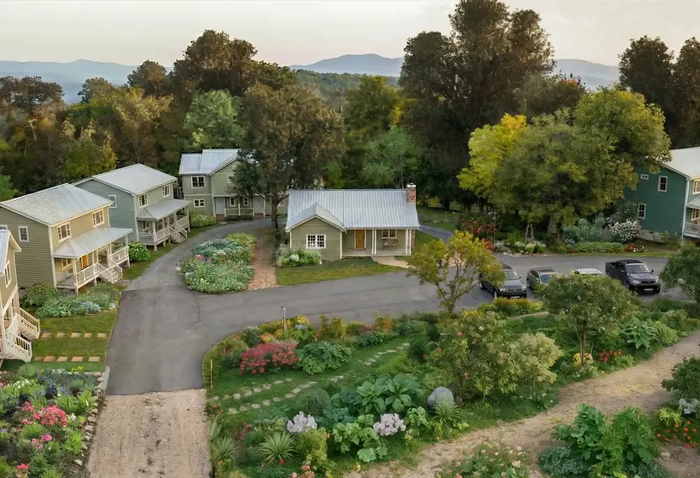 Aerial view of a small cottage community with metal roofs and front porches, surrounded by gardens, with mountains in the distance.
