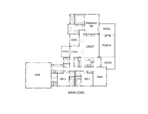 Main-level floor plan showing three bedrooms, a den, great room, kitchen, family room, garage, porches, and patios.