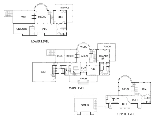 Three-level home floor plan showing four bedrooms, a primary suite, kitchen, great room, dining area, den, media room, bonus room, garage, porches, deck, patio, and terrace.