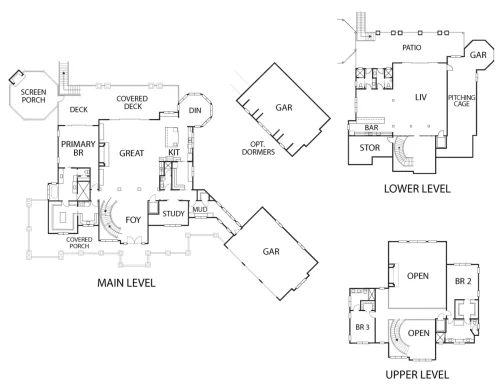 Three-level floor plan featuring three bedrooms, open living spaces, a study, multiple garages, covered decks, and a lower-level bar and recreation area.