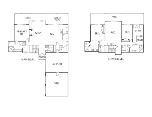 Main- and lower-level floor plans showing four bedrooms, open living and dining areas, a recreation room, screened deck, patio, carport, and garage.