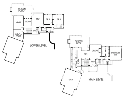 Floor plan showing the main and lower levels, including three bedrooms, open living spaces, a gym, study, recreation room, screened outdoor areas, and garage.