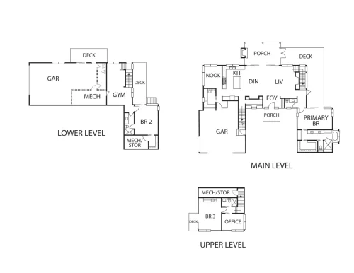 Floor plan showing the lower, main, and upper levels, including three bedrooms, open living and dining spaces, a gym, office, multiple decks and porches, and garage.