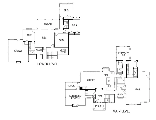 Floor plan showing the lower and main levels, including four bedrooms, open kitchen and great room, recreation room, gym, screened porch, deck, and garage.