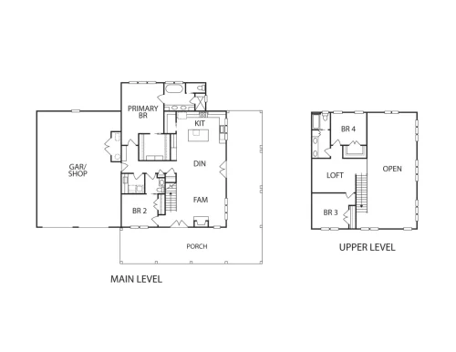 Two-level floor plan showing four bedrooms, kitchen, dining and family areas, loft, garage/workshop, and wraparound porch