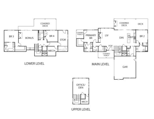 Three-level home floor plan showing the main, lower, and upper levels, including four bedrooms, an office, bonus room, garage, and covered outdoor spaces.