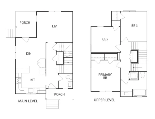Two-level floor plan showing the home’s kitchen, dining and living areas, three bedrooms, porches, and upper-level primary suite.