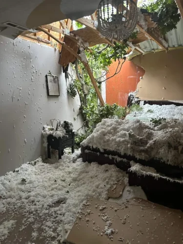 Bedroom destroyed by fallen tree with debris and insulation scattered.
