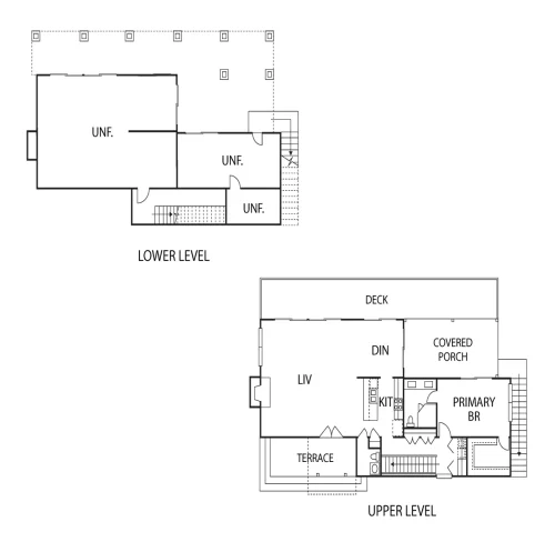 Two-level home floor plan showing the main living spaces, primary bedroom, deck, covered porch, terrace, and unfinished lower level.