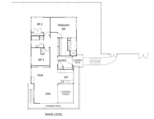 Main-level floor plan showing three bedrooms, kitchen, family and dining areas, and multiple covered outdoor spaces.