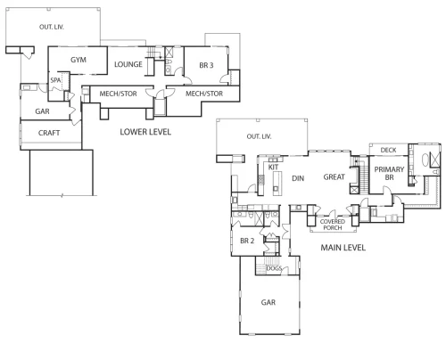 Main- and lower-level floor plans showing three bedrooms, open living and dining areas, a gym, lounge, craft room, outdoor living spaces, and garages.