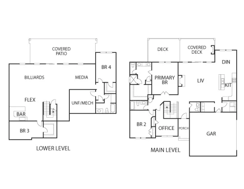 Two-level home floor plan showing four bedrooms, an office, kitchen, living and dining areas, media and billiards spaces, garage, deck, and covered patio.