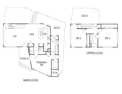 1. Floor plan: “Two-level floor plan showing three bedrooms, open living, dining and kitchen areas, plus a porch and multiple decks.