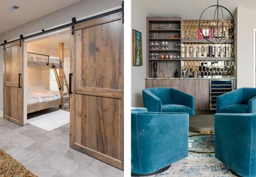 Bunk room photo on the left with rolling barn doors. The right photo is of the bar area showcasing velvet blue sitting chairs. 