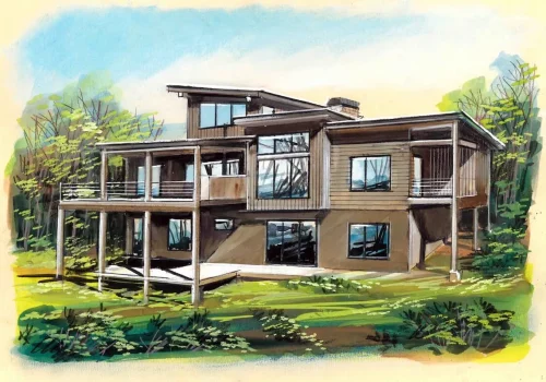 Architectural rendering of a contemporary multi-level mountain home with expansive decks and a wooded setting