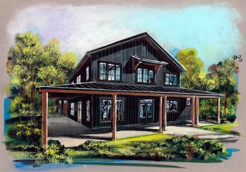 Architectural rendering of a dark two-story home with a large wraparound porch, wood columns, and surrounding landscaping.