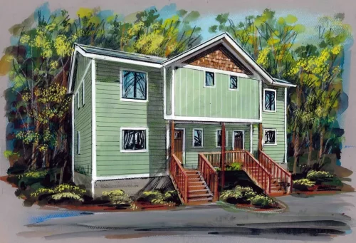 Architectural rendering of a two-story green home with wood stairs and porches, surrounded by trees and landscaping