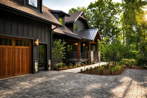 Exterior of a dark-sided mountain home with wood garage doors, stone accents, and a covered front porch.