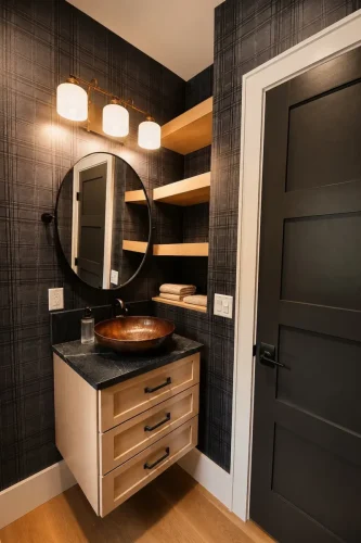 Powder room with dark plaid walls, a wood vanity, copper vessel sink, round mirror, and open shelving.