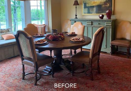 Before Photo of Remodeled Den. The homeowner was using it as a dining style room with dark furniture that looks victorian on a ornamental style rug. 