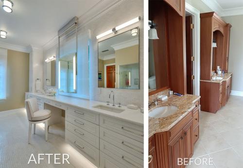 Before and After images of the primary Bathroom. After photo is clean modern design with white tile and white cabinets. Before their were bulky dark wooden separate vanities. 