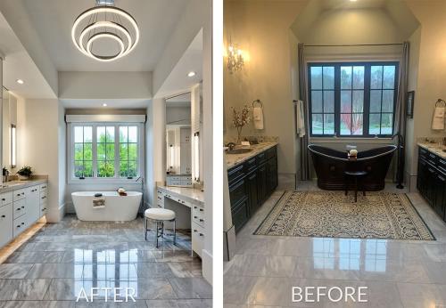 After and Before photos of a remodeled bathroom. Before the Bathroom was much more victorian in style and dark. Now it is bright with a white freestanding tub, and white vanities. 