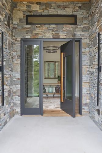 Rockcrest stone and glass door entrance.