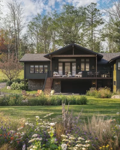 Rear view of a dark-sided home with a covered deck, stone lower level, and landscaped yard.