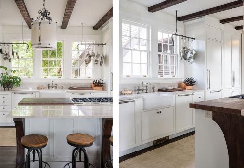 Exposed beams in the kitchen with white cabinets and lots of light. Farmhouse Sink.