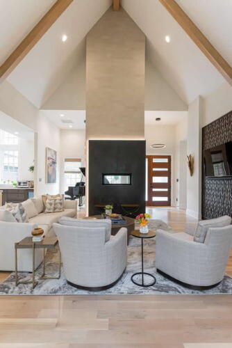 Living room A-frame with gas fireplace.