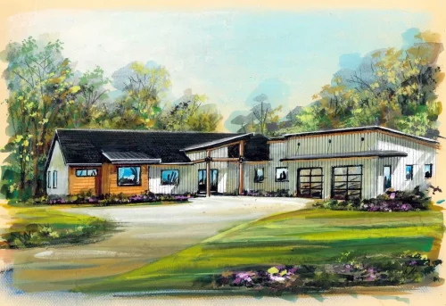 Architectural rendering of a contemporary single-story home with mixed siding, wood accents, and an attached two-car garage.