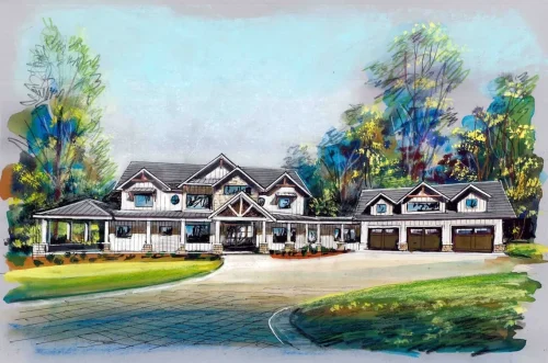 Architectural rendering of a large craftsman-style home with multiple gables, stone accents, covered outdoor spaces, and an attached garage