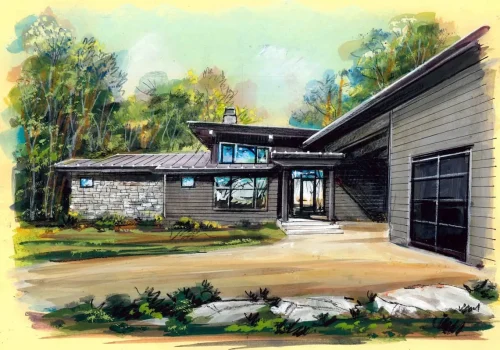 Architectural rendering of a modern mountain home surrounded by wooded landscaping.