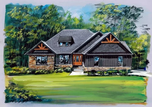 Architectural rendering of a craftsman-style home with stone accents, wood details, and a covered front porch.